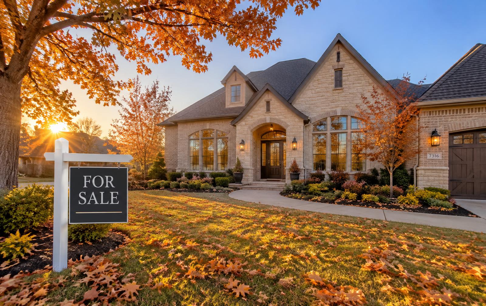 Autumn home with a for-sale sign and fall leaves on the lawn at golden hour